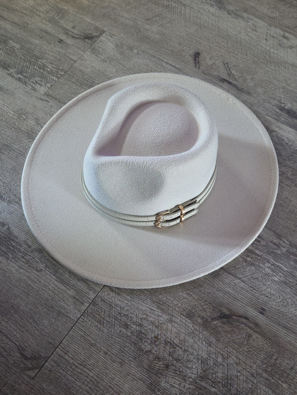 Wide Brim Cream Felt Fedora Hat with Double Buckle Band